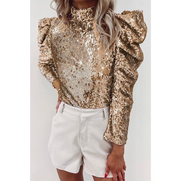 Azura Exchange  Apricot Sequin Mock Neck Bubble Sleeve Top - Picture 8 of 8